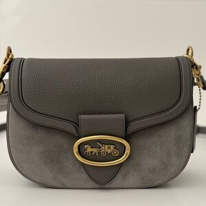 Coach Kat Leather & Suede Saddle Bag in Heather Grey/Brass New